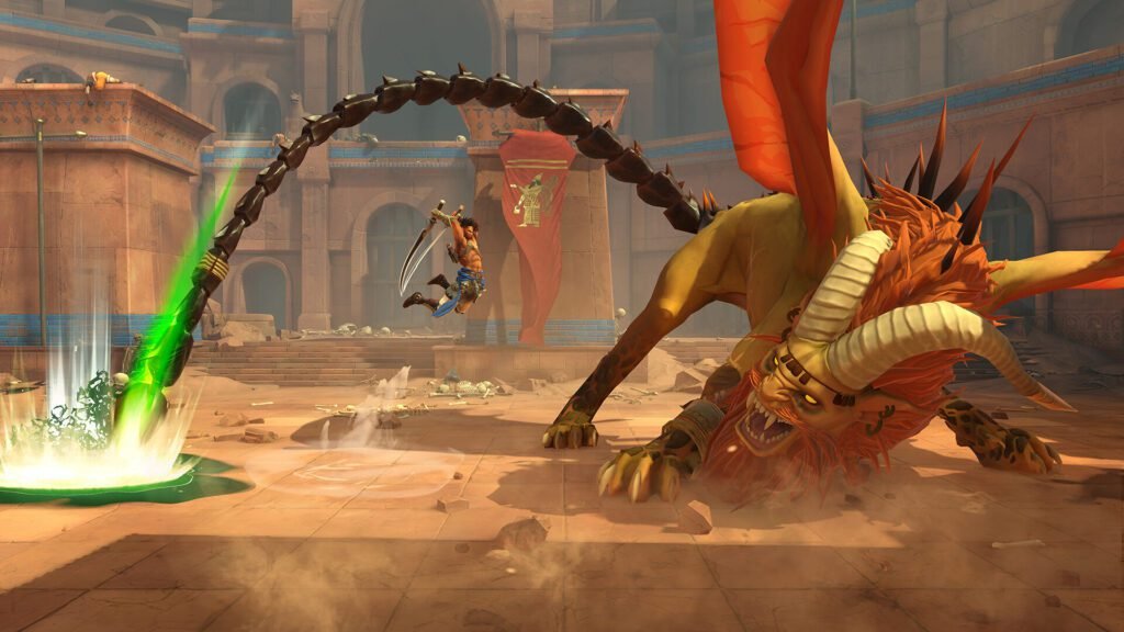 The protagonist in Prince of Persia: The Lost Crown fighting a boss enemy
