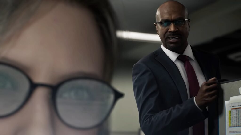 Resident Evil Requiem showing a man in a suit near a lady