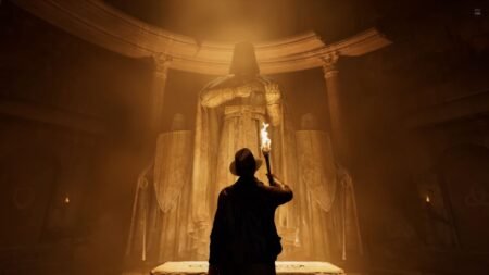 A screenshot of Indiana Jones And The Great Circle character looking at the statue