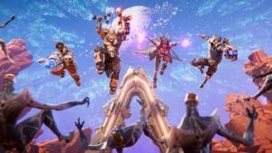 The characters of Borderlands 4 in the air coming down again