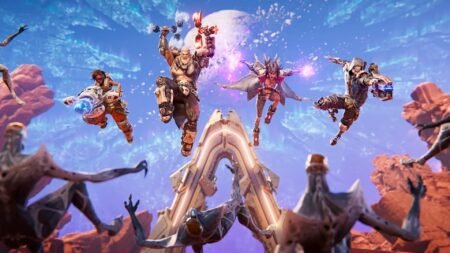 The characters of Borderlands 4 in the air coming down again