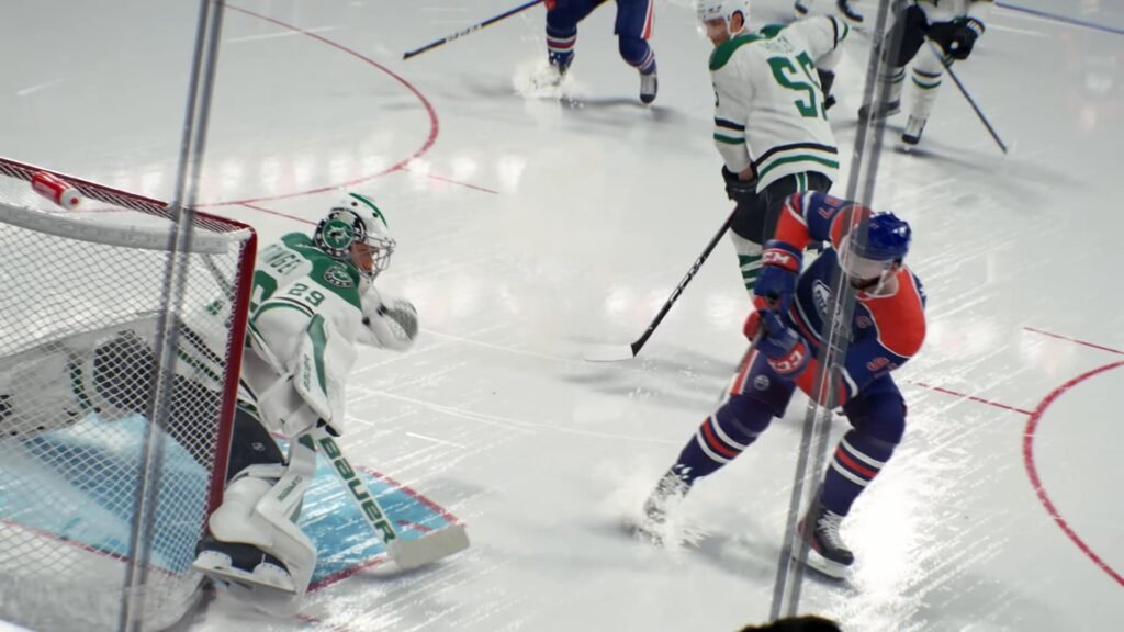 The hockey players near the goal in NHL 26