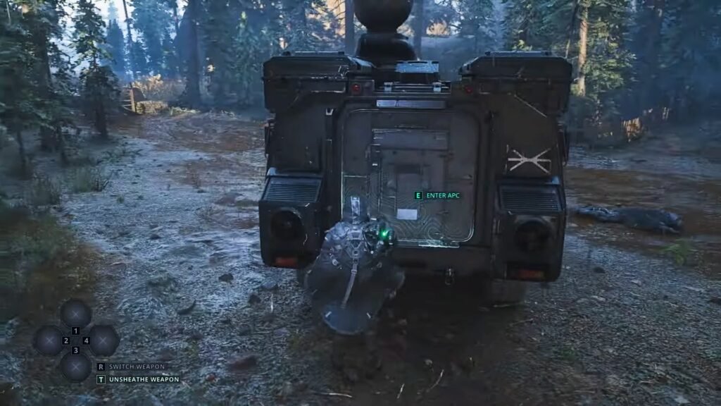 The player about to enter the back of the APC in Hell Is Us