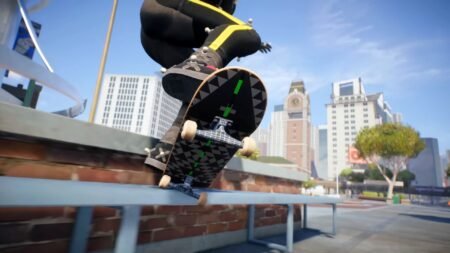 The player grinding on a rail in Skate