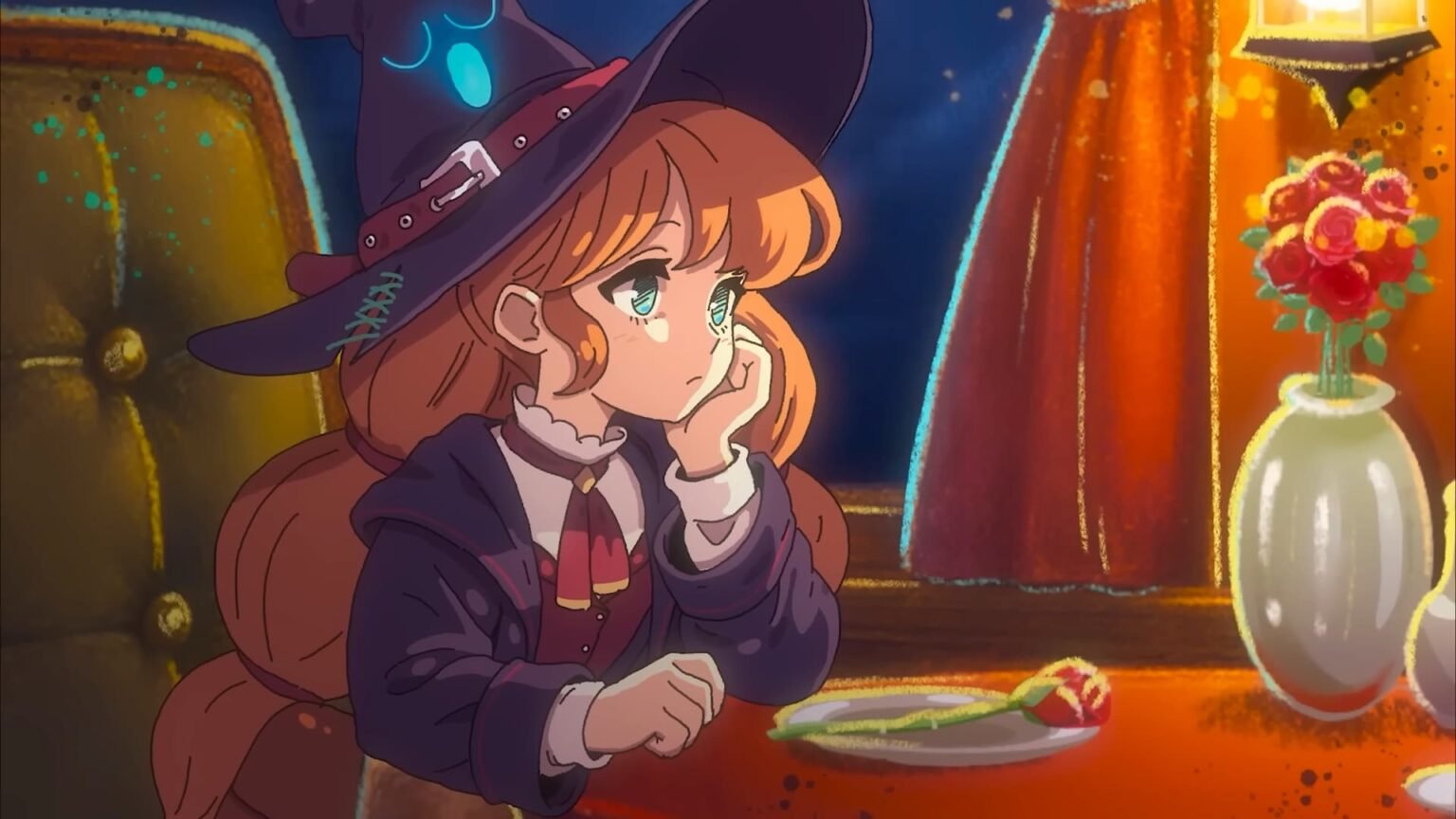 The protagonist in Little Witch in the Woods putting her hand on her chin