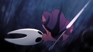 The protagonist of Hollow Knight SIlksong falling with their needle
