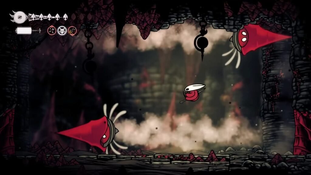 The protagonist of Hollow Knight Silksong dodging enemies