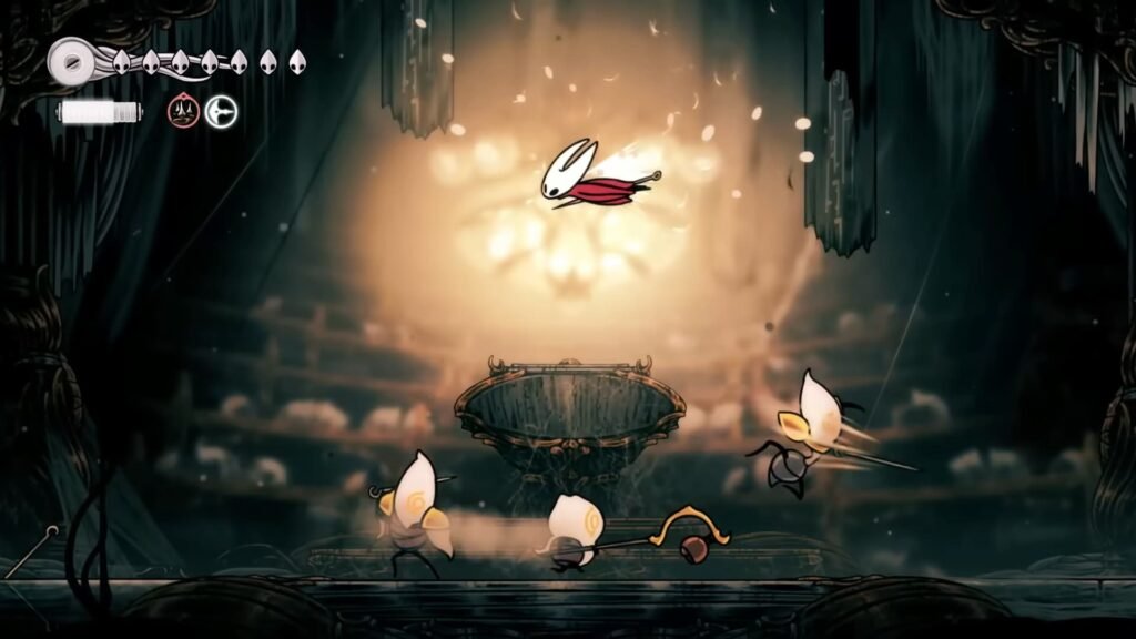The protagonist of Hollow Knight Silksong jumping over enemies