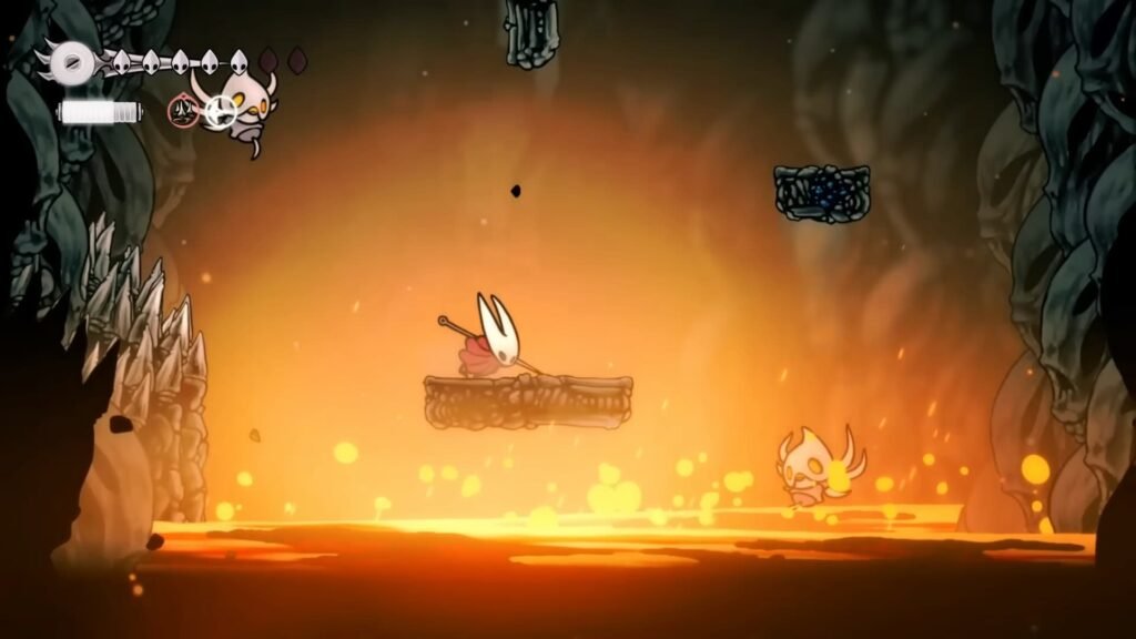 The protagonist of Hollow Knight Silksong over a burning lake