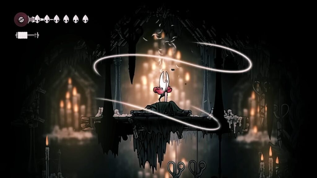 The protagonist pulling a sword from the ground in Hollow Knight Silksong