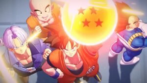 Trunks, Krillin, Vegata, and Goku holding the four star dragon ball in Dragon Ball Gekishin Sqaudra