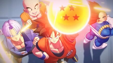 Trunks, Krillin, Vegata, and Goku holding the four star dragon ball in Dragon Ball Gekishin Sqaudra