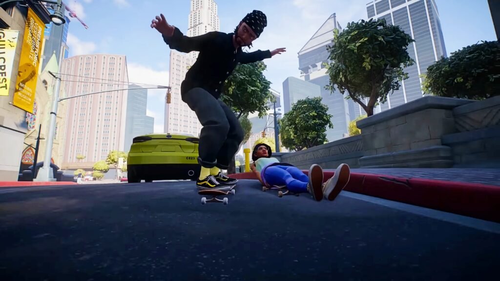 What’s the Difference Between Skate and Tony Hawk’s Pro Skater? | | GamesHorizon Two skaters riding down a road in front of a car, with on sitting on the board in Skate