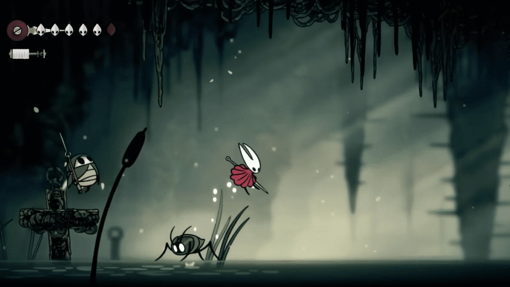 How To Heal Fast In Hollow Knight Silksong | | GamesHorizon A screenshot of Hollow Knight Silksong character jumping through river