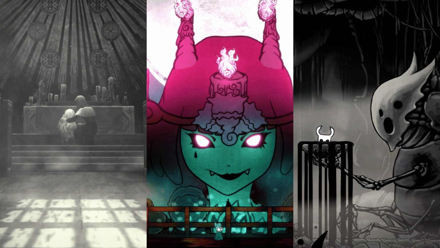 A screenshot from the games Ender Lilies: Quietus of the Knights, Bō: Path of the Teal Lotus, and Hollow Knight