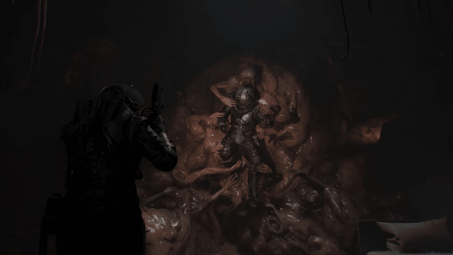 Time travelers in Cronos: The New Dawn confront a nightmarish fate entangled in a grotesque mass of hands.