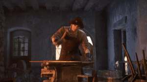 Henry hammers heated metal in a workshop in Kingdom Come Deliverance 2 Legacy of the Force DLC.