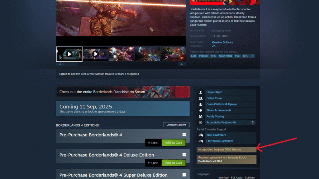 Borderlands 4 steam page marking Denuvo