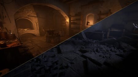 A forge in Kingdom Come Deliverance 2, shown in both its thriving and ruined states.