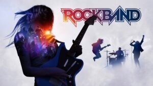 A Rockband poster with someone playing a guitar in front of others playing instruments