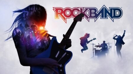 A Rockband poster with someone playing a guitar in front of others playing instruments