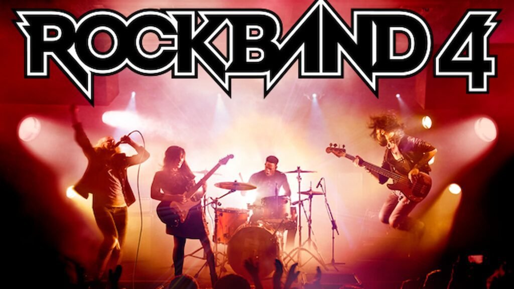 An image of a band playing instruments in rockband