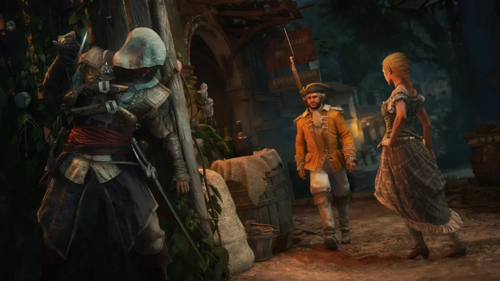 An image showing the gameplay of Assassin's Creed Black Flag Resynced. There is Edward Kenway hiding, a girl approaching a spanish soldier.