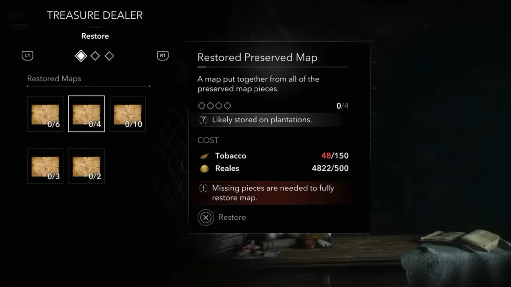 An image showing the gameplay of Assassin's Creed Black Flag Resynced. There is game menu showing restored map.