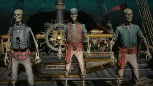 An image showing the gameplay of Assassin's Creed Black Flag Resynced. There are crewmates with skeleton themed outfit.
