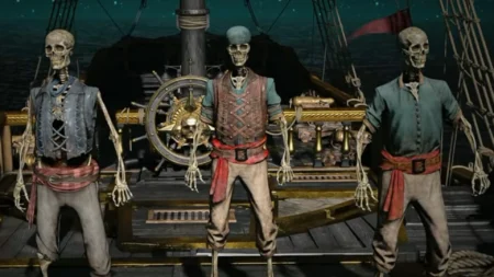 An image showing the gameplay of Assassin's Creed Black Flag Resynced. There are crewmates with skeleton themed outfit.