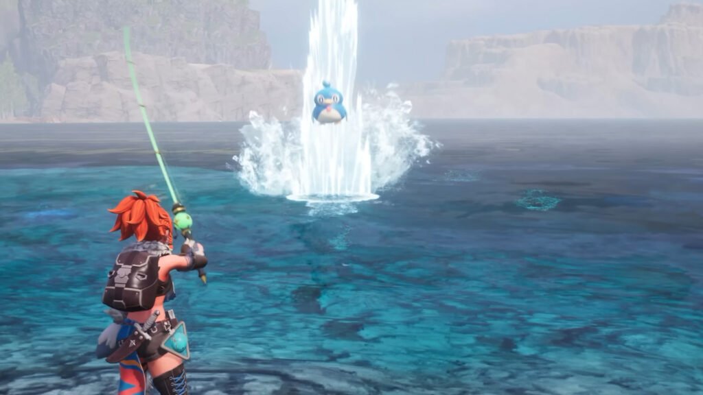 Palworld 1.0 – How To Get The Legendary Advanced Fishing Rod | Palworld | GamesHorizon An image showing the gameplay of Palworld. The character is fishing a penguin-like animal.