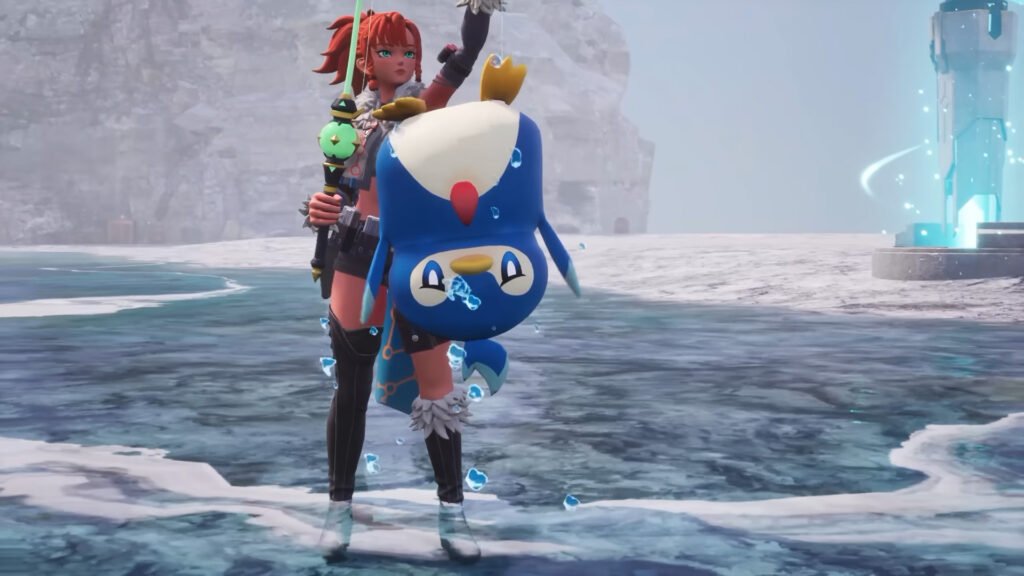 An image showing the gameplay of Palworld. The character is fishing a penguin-like animal.