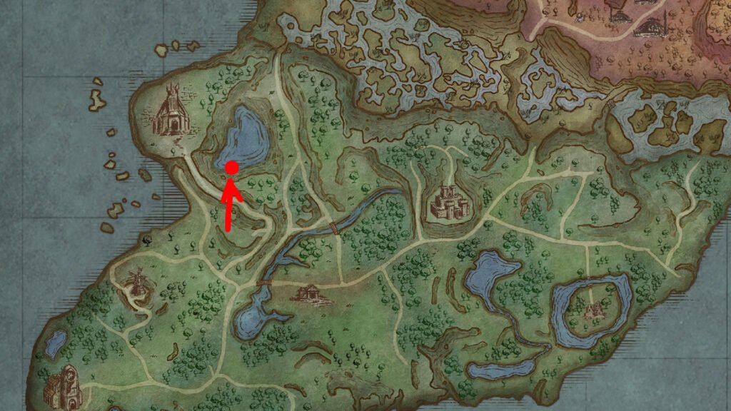 An image showing a map in RuneScape Dragon Wilds. There is a red dot with an arrow to show Agility Course location.