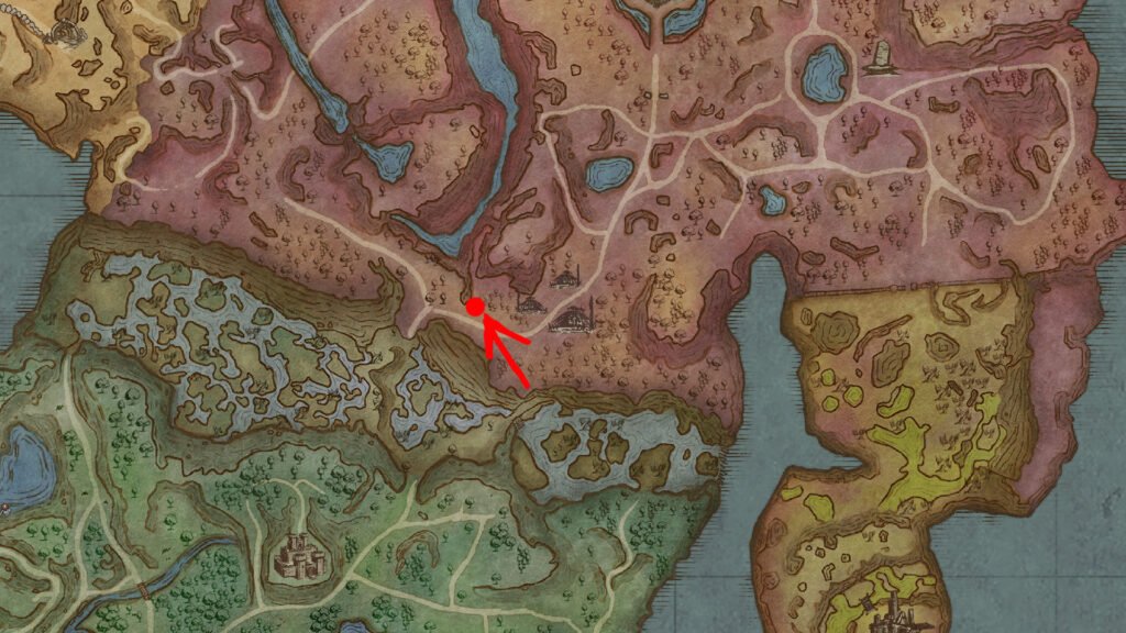 An image showing a map in RuneScape Dragon Wilds. There is a red dot with an arrow to show Agility Course location.