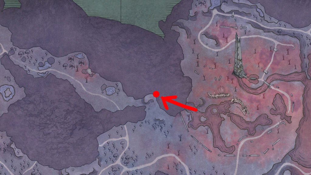 An image showing a map in RuneScape Dragon Wilds. There is a red dot with an arrow to show Agility Course location.