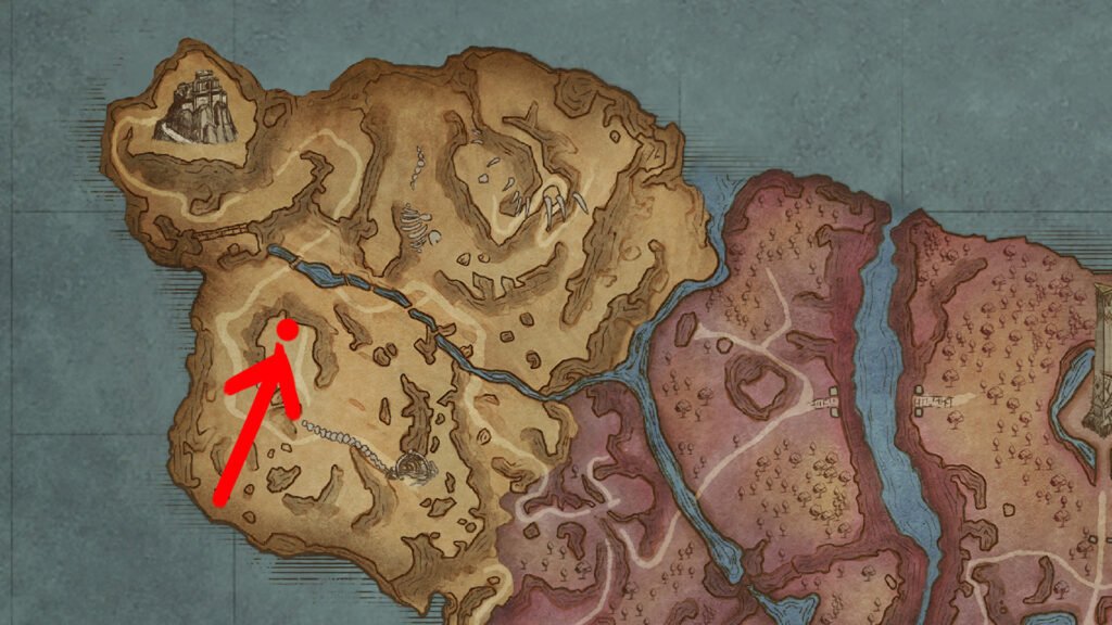 An image showing a map in RuneScape Dragon Wilds. There is a red dot with an arrow to show Agility Course location.