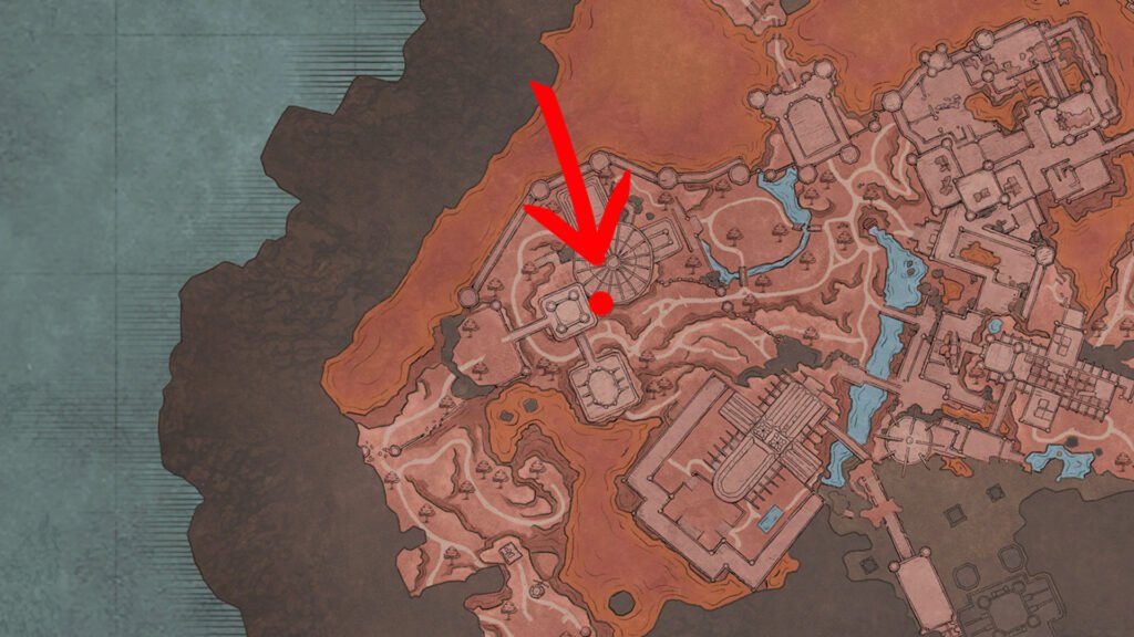 An image showing a map in RuneScape Dragon Wilds. There is a red dot with an arrow to show Agility Course location.