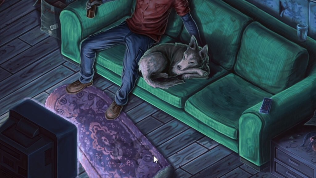 An image showing an illustration from Shift at Midnight. There is a dog sleeping next to a character.