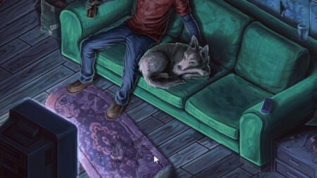 An image showing an illustration from Shift at Midnight. There is a dog sleeping next to a character.