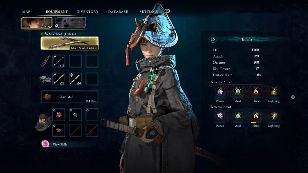 Beast of Reincarnation Emma Weapon and Armor Selection Screen