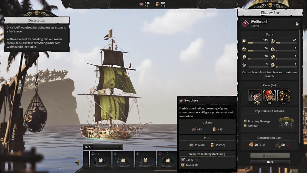 Corsair Cove Ship Selection Screen with Crew information