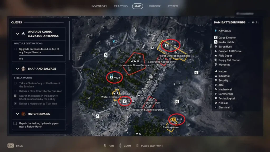 Image of highlighted Cargo Elevator spots in Dam Battlegrounds