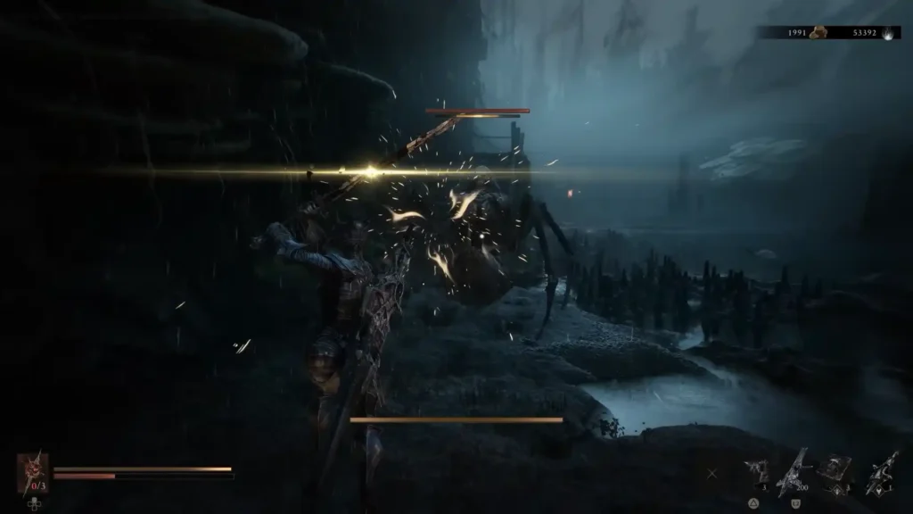 Image of player parrying and building enemy Break meter