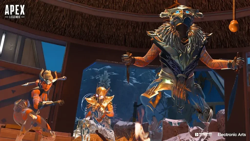 Image of Bloodhound, Loba, and Octane in Apex Legends holding weapons