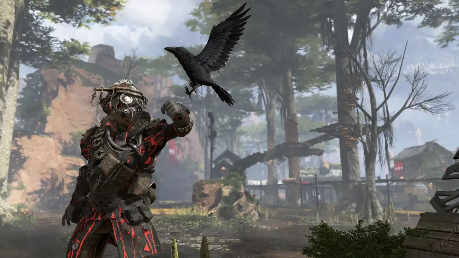 Image of Bloodhound in Apex Legends holding arm while black bird lands on arm