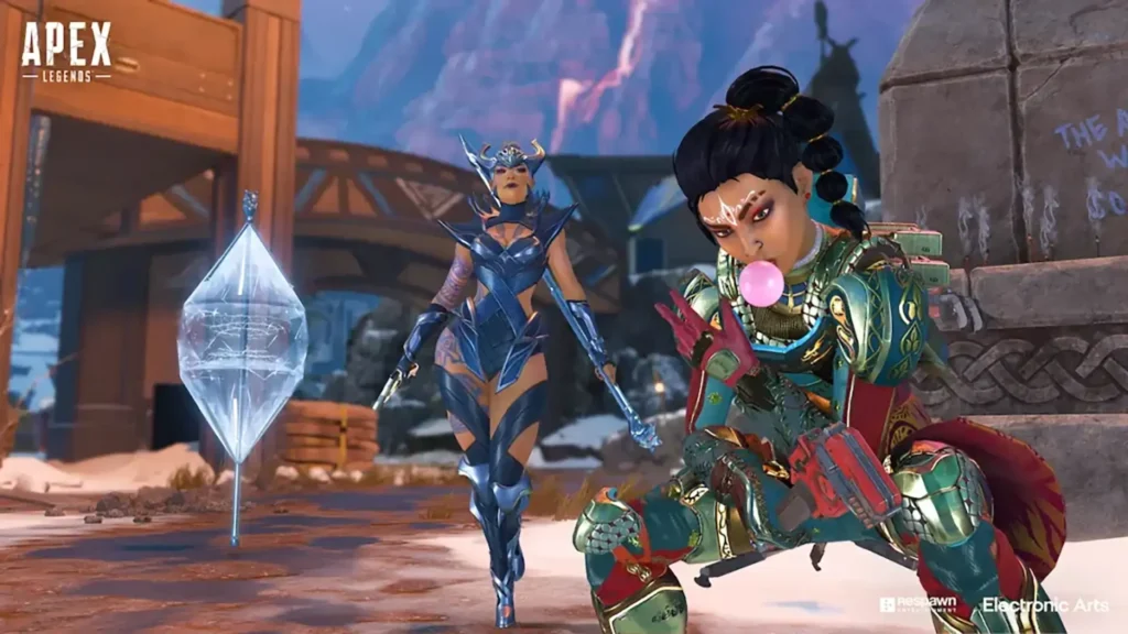 Image of Rampart and Loba in Apex Legends posing with brown bridge in background