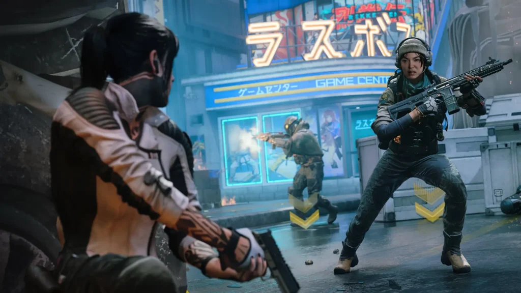Image of Black Ops 7 characters fighting in front of Japanese building illiuminated with neon signage