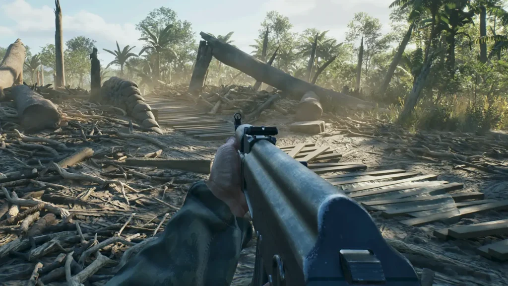 Image of Hell Let Loose Vietnam player aiming rifle at fallen tree