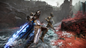 An image showing the gameplay of Mistfall Hunter. There are two characters dueling between each other.