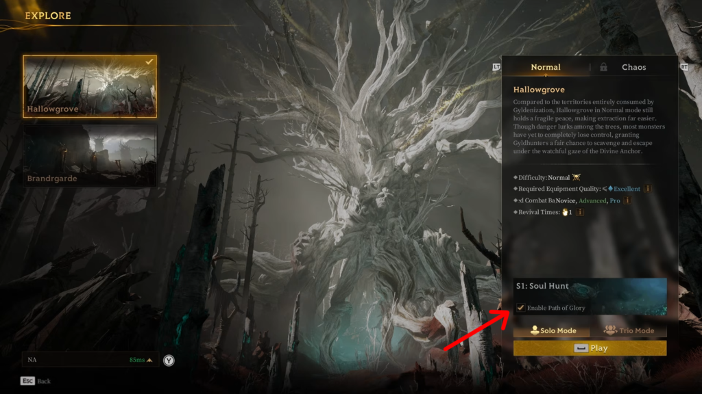 Mistfall Hunter - The Complete Path of Glory Guide | Mistfall Hunter | GamesHorizon An image showing the gameplay of Mistfall Hunter. There is an in-game menu, showing the "Enable Path of Glory" menu.